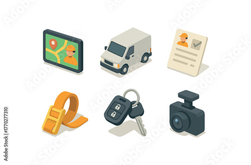 isometric icon items isolated on white background delivery driver GPS navigator delivery driver van delivery driver route sheet delivery driver cargo strap delivery driver key fob delivery