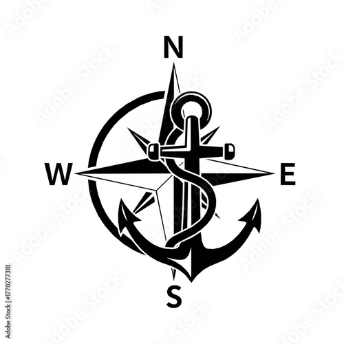 Black silhouette of an anchor and compass