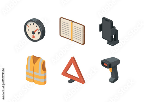 isometric icon items isolated on white background delivery driver fuel gauge delivery driver logbook journal delivery driver mobile mount delivery driver safety vest delivery driver warning