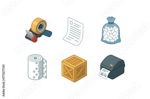 isometric icon items isolated on white background packing tape dispenser packing list sheet packing peanuts bag packing bubble wrap roll packing crate module packing label printer