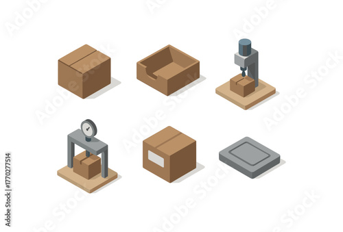 isometric icon items isolated on white background cardboard crease module cardboard slot punch cardboard gluing station cardboard load test rig cardboard label area cardboard embossing die