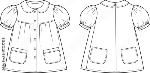 Technical flat sketch of girls dress with Peter Pan collar, puff sleeves, patch pockets, fashion apparel template, clothing vector illustration