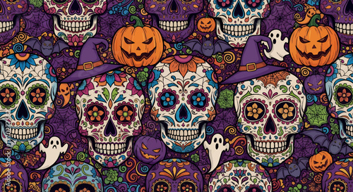 A vibrant and colorful pattern featuring sugar skulls, pumpkins, bats, ghosts, and witch hats, creating a festive Halloween or Day of the Dead theme.