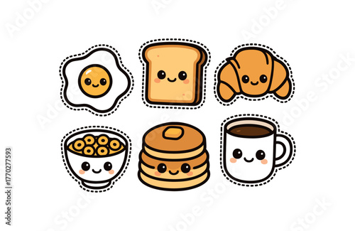 cute breakfast set with bold black outline and dotted border including fried egg toast croissant pancake cereal bowl and coffee cup simple details big round eyes minimal style isolated on
