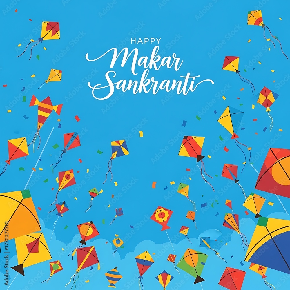 Naklejka premium Celebrate the vibrant festival of makar sankranti with colorful kites soaring in the blue sky, symbolizing joy and new beginnings