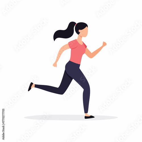 Active woman with a ponytail running forward, side view. Minimalist flat vector character illustration isolated on a white background