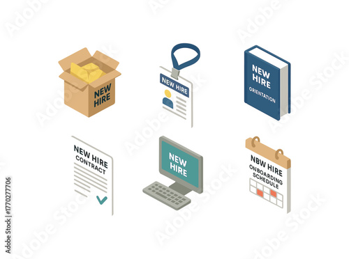 isometric icon items isolated on white background new hire welcome kit new hire ID badge new hire orientation manual new hire contract form new hire computer terminal new hire onboarding