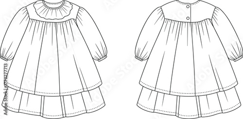 Technical flat sketch of girls dress with puff sleeves, layered skirt, decorative collar, fashion apparel template, clothing vector illustration