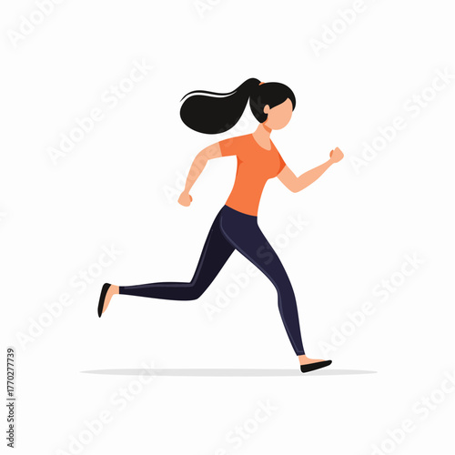 Illustration of a woman running forward with determination. Simple flat minimal vector design of a female runner isolated on a white background