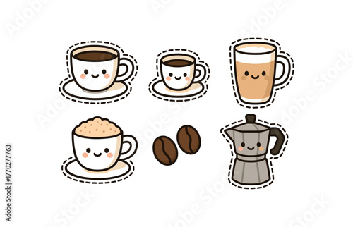 cute coffee drinks set with bold black outline and dotted border including coffee cup espresso latte cappuccino moka pot and coffee beans simple details minimal style isolated on white