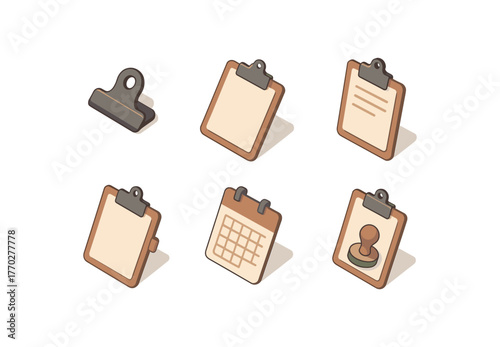 isometric icon items isolated on white background clipboard clip mechanism clipboard writing surface clipboard document holder clipboard pen loop clipboard calendar pad clipboard approval