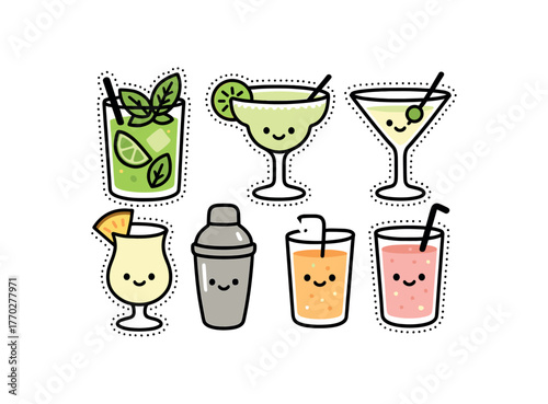 cute cocktails set with bold black outline and dotted border including mojito margarita martini pina colada cocktail shaker and straw glass simple details minimal style isolated on white