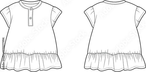 Technical flat sketch of girls short sleeve dress with button placket and ruffle hem, fashion apparel template, clothing vector illustration