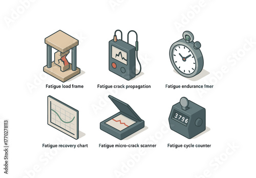 isometric icon items isolated on white background fatigue load frame fatigue crack propagation meter fatigue endurance timer fatigue recovery chart fatigue micro crack scanner fatigue cycle