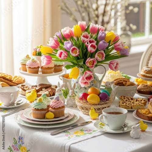 Wallpaper Mural Vibrant Easter celebration table laden with colorful tulips cupcakes festive eggs and sweet pastries creating a joyous springtime gathering atmosphere Torontodigital.ca
