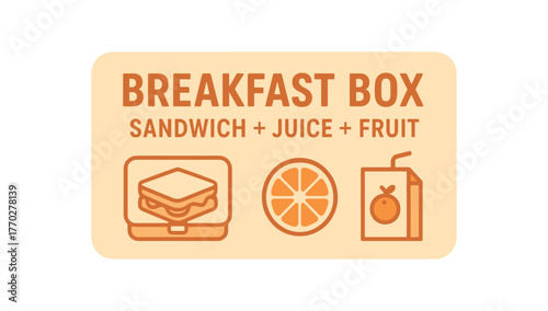 Flat vector banner design text BREAKFAST BOX SANDWICH + JUICE + FRUIT supporting icons of lunchbox orange slice and drink beige and orange palette isolated on white marketing approved