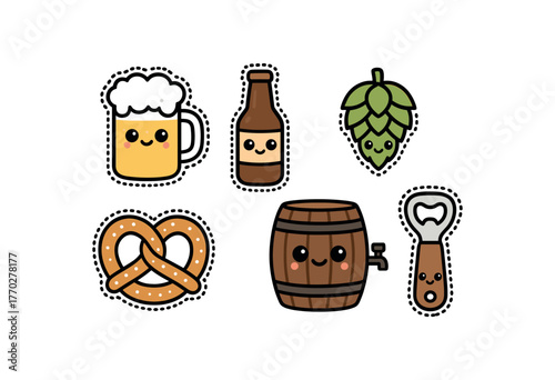 cute beer drinks set with bold black outline and dotted border including beer mug beer bottle hops pretzel keg and opener simple details big round eyes minimal style isolated on white
