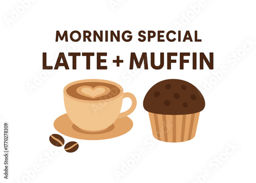 Flat vector banner design text MORNING SPECIAL LATTE + MUFFIN supporting icons of cup muffin and beans beige and chocolate palette isolated on white marketing approved bright palette with
