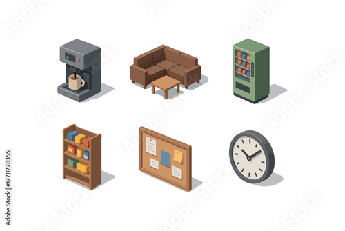 isometric icon items isolated on white background break room coffee machine break room sofa set break room vending kiosk break room snack shelf break room bulletin board break room clock