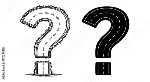 Roadway Question Mark Graphic Exploring Route Choices: Two Different Path Concepts, Illustrating Uncertainty & Direction, Transportation Theme, Future Strategy and Planning, Road Ahead with Highway De