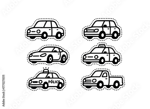 cute cars set with bold black outline and dotted border including sedan suv sports taxi police and pickup truck simple details black and white minimal style isolated on white background