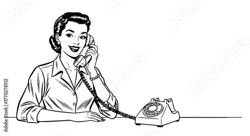 Retro Woman Chatting on Rotary Phone in a Vintage Office Setting for Communication and Nostalgia Projects, Showing Classic Lifestyle, Conversation, Business, with a Comical Line Art Style