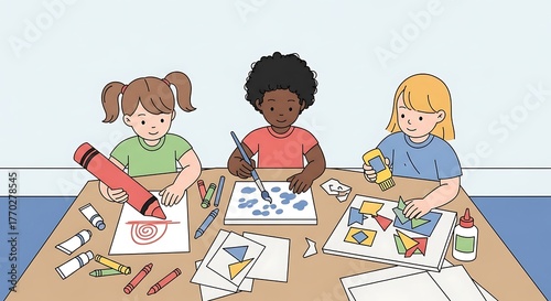 Diverse group of young children drawing painting and crafting at a table.
