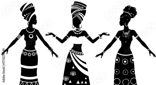 Elegant African Women Celebrating Heritage: Traditional Dancers Silhouetted Against White Background, Showcasing Cultural Costumes, Jewelry, and Headdresses for Fashion, Art, and Diversity Projects, P