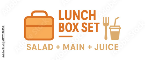Flat vector banner design text LUNCH BOX SET SALAD + MAIN + JUICE supporting icons of box fork and cup beige and orange tones isolated on white marketing approved bright palette with