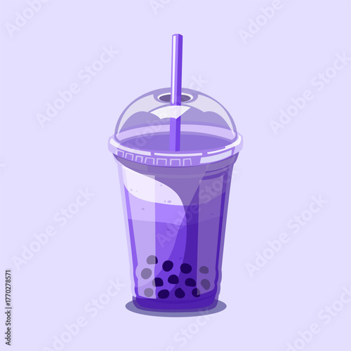Delicious purple taro bubble tea with tapioca pearls in a clear plastic cup perfect for cafe, dessert, or beverage illustration.