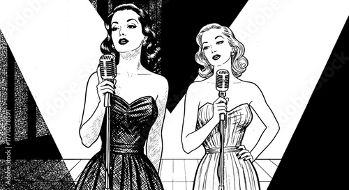Retro Female Singers Performing on Stage with Vintage Microphones in a Nightclub: Jazz Vocalists Presenting Musical Entertainment for an Audience, Artistic Performance for Illustration, Nostalgia, Fas