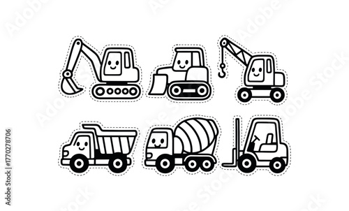 cute construction vehicles set with bold black outline and dotted border including excavator bulldozer crane dump truck cement mixer and forklift simple details black and white minimal