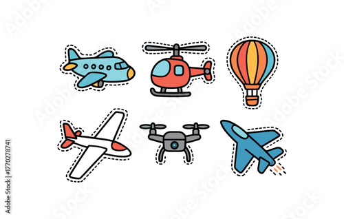 cute air transport set with bold black outline and dotted border including airplane helicopter hot air balloon glider drone and jet simple details colorful minimal style isolated on white