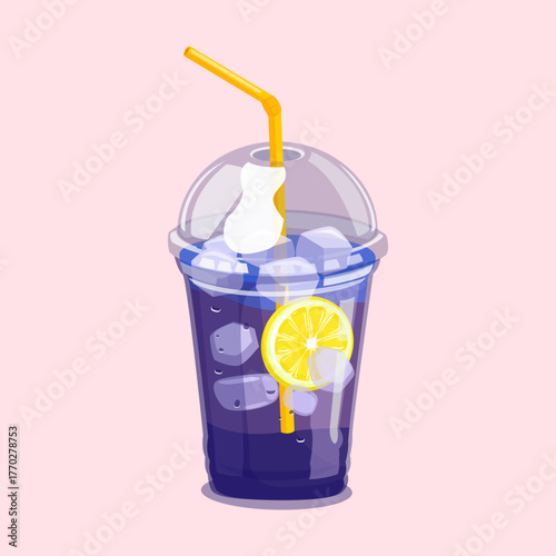 Fresh purple soda with lemon slice and ice cubes served in a clear cup with straw, perfect for cafe, beverage, or summer illustration.