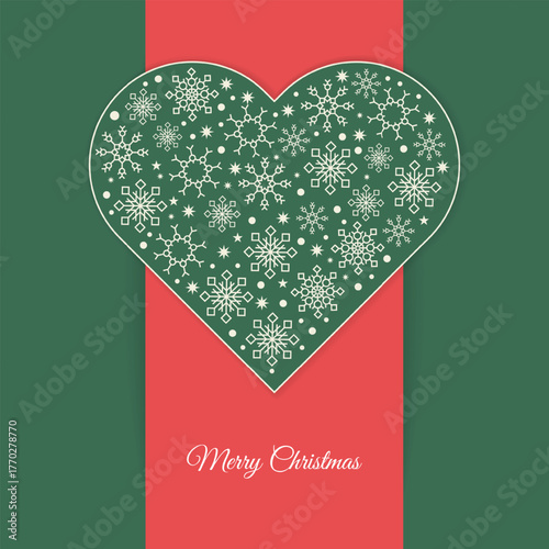 A heart shape made of white snowflakes on a red background. Decorative element for Christmas and New Year designs.