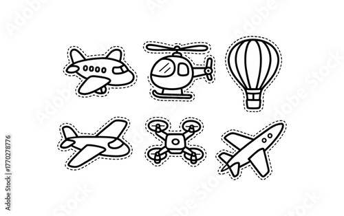 cute air transport set with bold black outline and dotted border including airplane helicopter hot air balloon glider drone and jet simple details black and white minimal style isolated on
