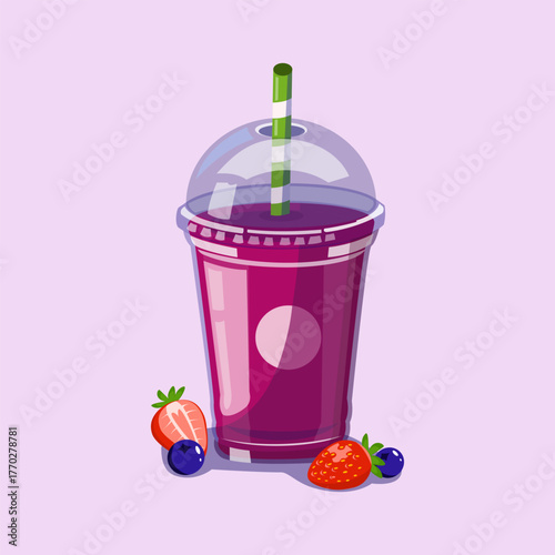Fresh purple smoothie with mixed berries served in a cup perfect for healthy drink, dessert, or fruit-themed illustration.