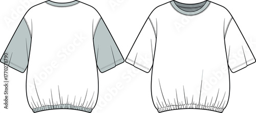 Technical flat sketch of short sleeve contrast top with elastic hem, fashion apparel template, clothing vector, garment construction illustration