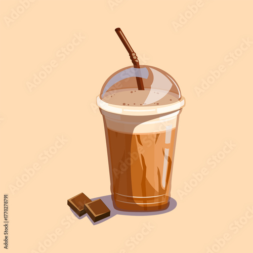 Iced chocolate milk drink served in a plastic cup with straw perfect for beverage, dessert, or cafe illustration design.