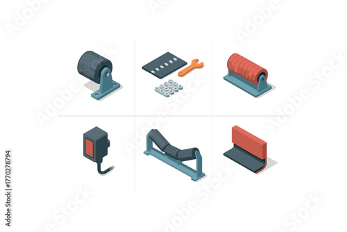 isometric icon items isolated on white background conveyor belt tensioner pulley conveyor belt splice kit conveyor belt impact roller conveyor belt photo eye sensor conveyor belt idler