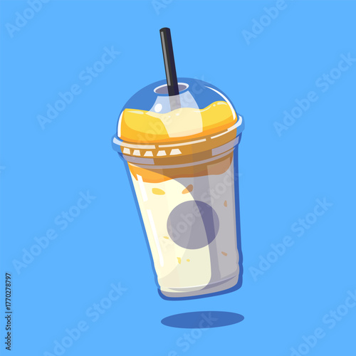 Creamy mango milk drink in a plastic cup with straw perfect for dessert, beverage, or cafe-themed illustration.