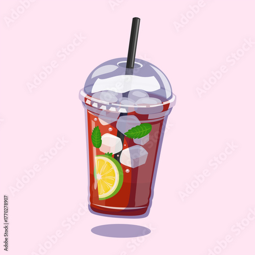 Iced lemon tea with mint leaves and ice cubes in a clear plastic cup perfect for summer, cafe, or refreshing beverage design.