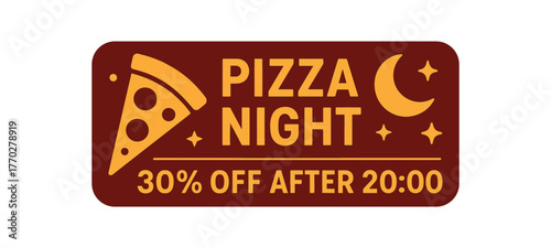 Flat vector banner design text PIZZA NIGHT 30% OFF AFTER 20:00 supporting icons of pizza slice moon and stars dark red and gold palette isolated on white marketing approved bright palette