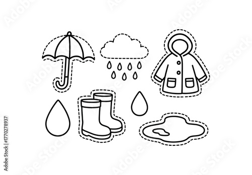 cute rainy weather set with bold black outline and dotted border including umbrella rain raindrop puddle cloud and raincoat simple details black and white minimal style isolated on white