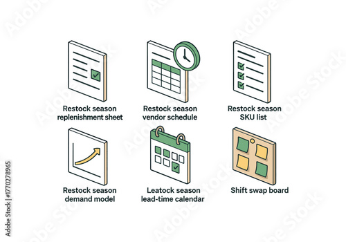 isometric icon items isolated on white background restock season replenishment sheet restock season vendor schedule restock season SKU list restock season demand model restock season lead