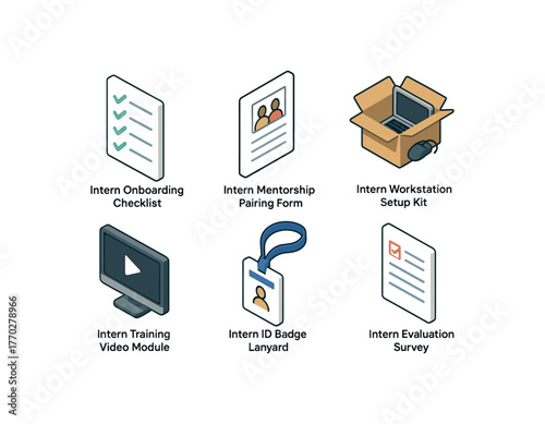 isometric icon items isolated on white background intern onboarding checklist intern mentorship pairing form intern workstation setup kit intern training video module intern ID badge