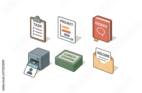 isometric icon items isolated on white background intern task assignment board intern project timeline chart intern feedback journal intern access badge printer intern lunch coupon pack