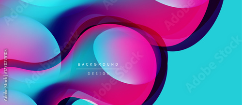 Abstract fluid shapes blend vibrant pinks, purples, turquoise. Modern design evokes movement, energy, depth. Background features layered forms.