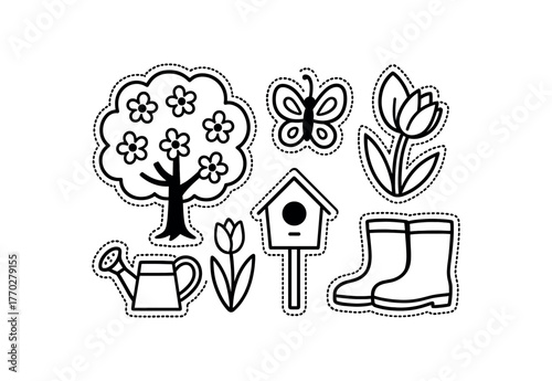 cute spring season set with bold black outline and dotted border including blooming tree tulip butterfly watering can birdhouse and rain simple details black and white minimal style