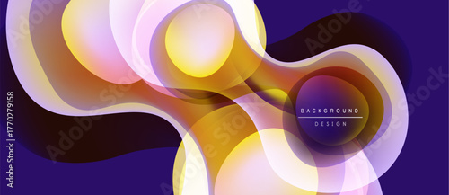 Abstract fluid shapes overlap, creating vibrant color gradients. Background is dark purple. Design feels modern, dynamic.